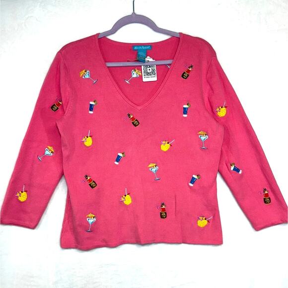Alexandra Bartlett L Pink Sweater Embroidery Tropical Tiki Cocktail Beach Resort - Picture 1 of 9
